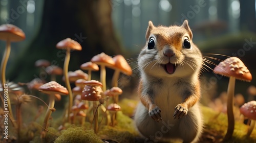 cartoon chipmunk smiles from a field of mushrooms. This adorable generative image was successfully submitted and awaits review.