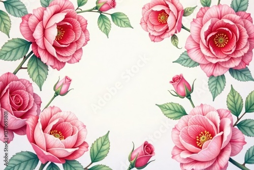 Delicate watercolor roses repeat across soft background, romantic, petals
