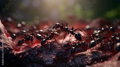 Close-up of ants covering a reddish-brown object. It looks like they are swarming over a food source in nature.