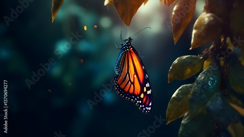 monarch butterfly hangs upside down from a leaf. This image might be used to tag content, or to represent artifical intelligence.