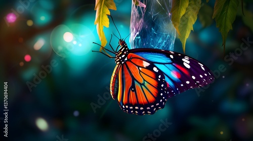 butterfly is clinging to a leaf. The butterfly is brightly colored with an orange and blue wing pattern.