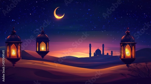 Ramadan desert night scene with lanterns, crescent moon, stars, and mosque silhouette.