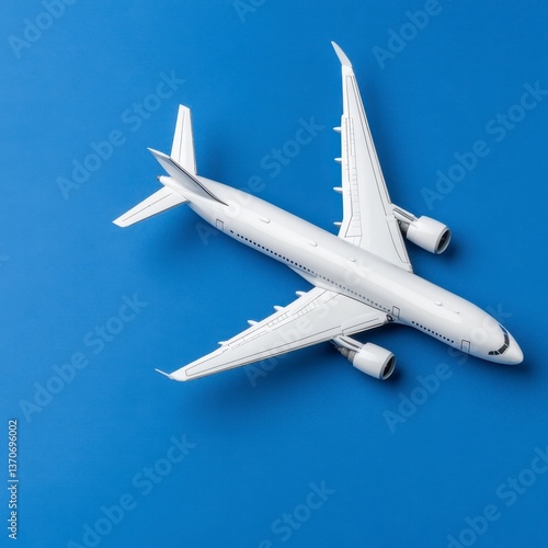 White airplane model on a blue background. Overhead shot, showcasing the plane's details against a solid backdrop.