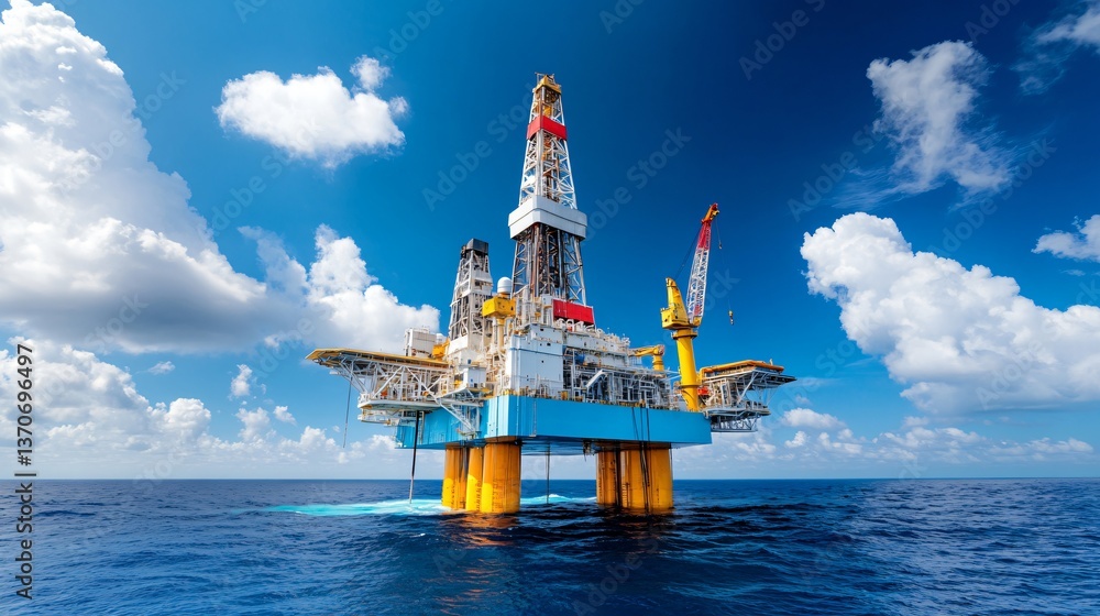 Obraz premium Offshore drilling platform standing tall against a vibrant blue sky with fluffy clouds and ocean backdrop