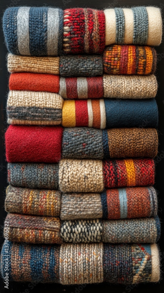 A close up of a stack of blankets on a black surface A close up of a stack of blankets on a black surface