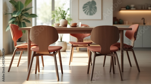 four coral chairs encircle a light wood dining table in a sunlit room.