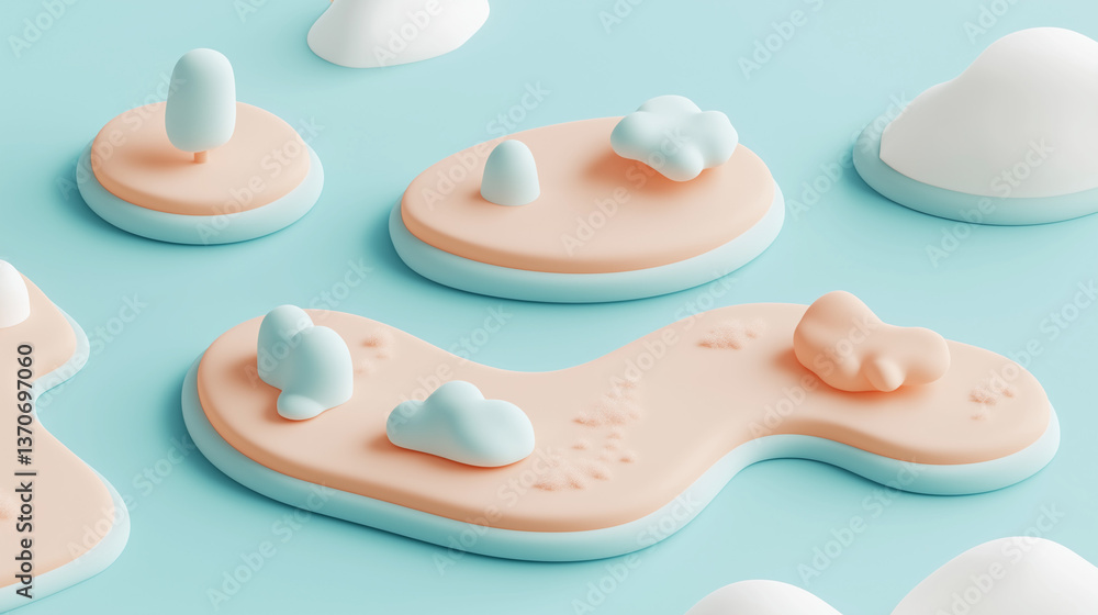 Obraz premium A stylized 3D island landscape with sandy shores, gentle waves, and pastel mountains rising above calm turquoise waters. A minimalist diorama scene evoking serenity and dreamy tropical escape. 