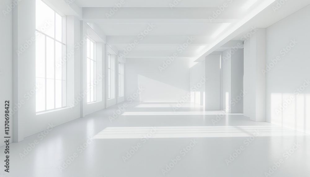 Fototapeta premium Minimalist white empty room square apartment walls modern minimal corridor window sunshine futuristic.