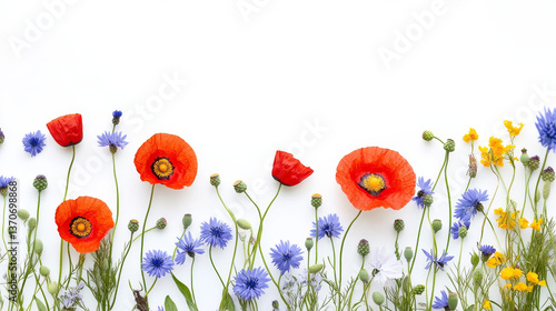 Vector white background with chamomile, cornflowers and red flowers poppies