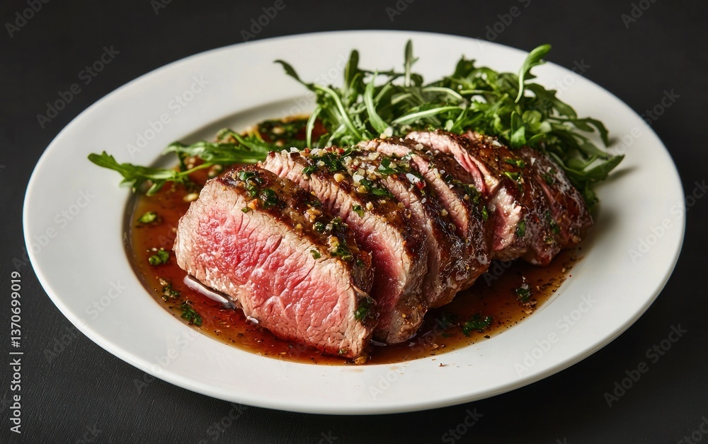 Slices of seared beef tenderloin are artfully arranged on a white plate, drizzled with a rich brown sauce and garnished with fresh arugula. The dark background enhances the dish's presentation Slices of seared beef tenderloin are artfully arranged on a white plate, drizzled with a rich brown sauce and garnished with fresh arugula. The dark background enhances the dish's presentation