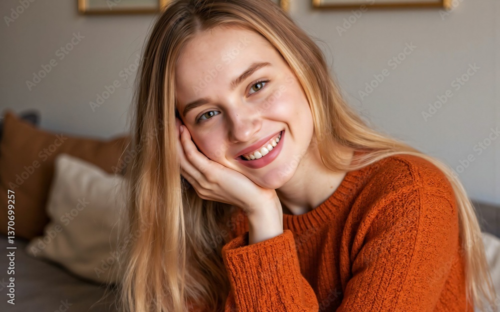 Blonde young woman in an orange knit sweater resting her chin on her hand and smiling, illuminated by natural light from a window - a serene, relaxed, and approachable portrait Blonde young woman in an orange knit sweater resting her chin on her hand and smiling, illuminated by natural light from a window - a serene, relaxed, and approachable portrait