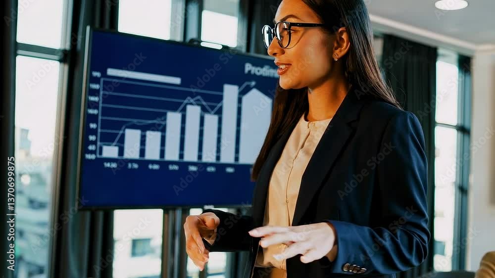 Jeune femme asiatique présentant des données de performance sur écran dans une salle de réunion moderne, gestes expressifs et ambiance dynamique en entreprise