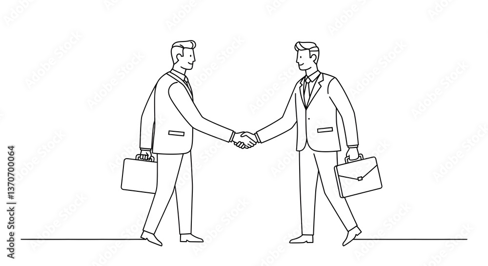 Line art illustration of two businesspeople shaking hands, symbolizing collaboration and agreement. Line art illustration of two businesspeople shaking hands, symbolizing collaboration and agreement.