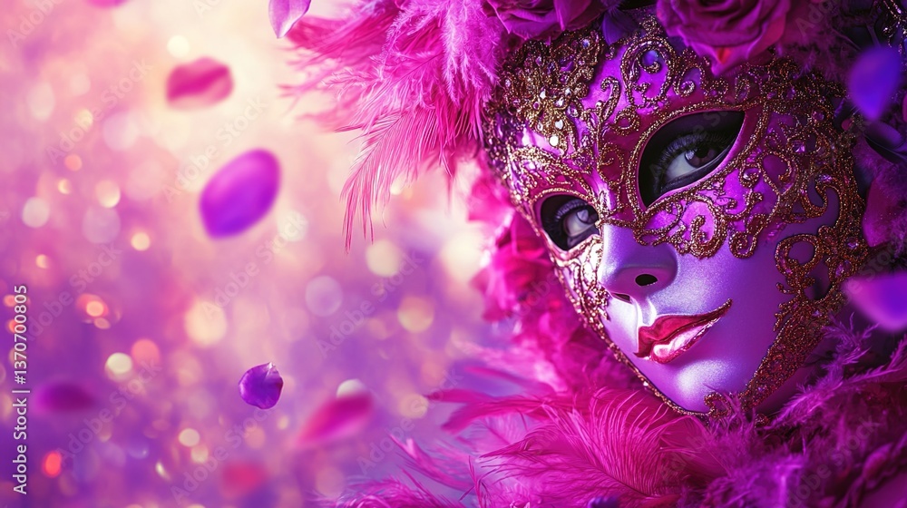 A mysterious and elegant mask adorned with intricate purple patterns, surrounded by a cascade of vibrant pink petals. The composition is rich and luxurious A mysterious and elegant mask adorned with intricate purple patterns, surrounded by a cascade of vibrant pink petals. The composition is rich and luxurious