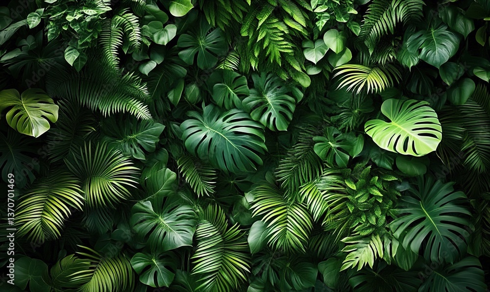 A lush tropical foliage background with monstera leaves and ferns, vibrant green, detailed texture A lush tropical foliage background with monstera leaves and ferns, vibrant green, detailed texture