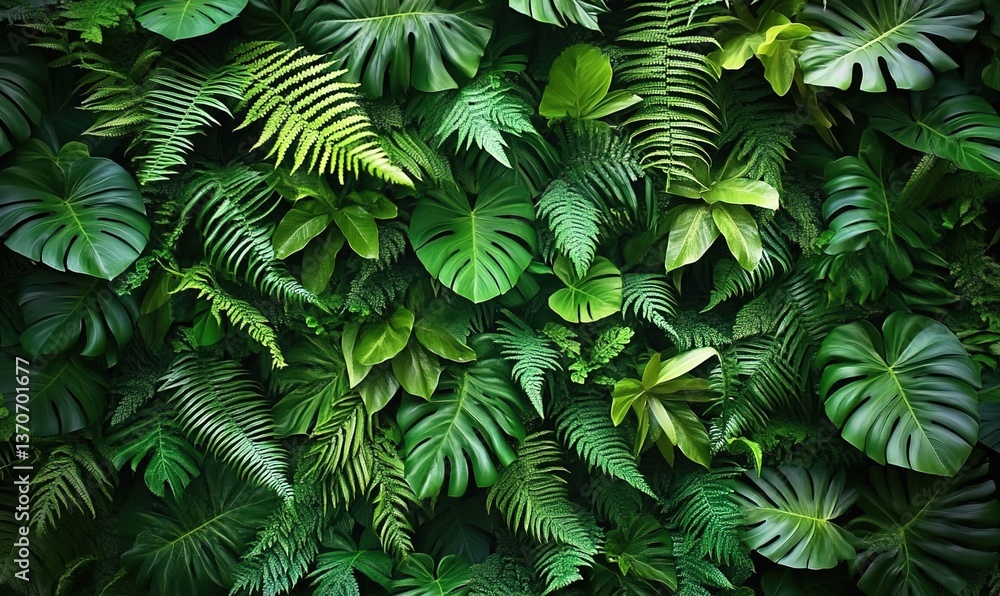 A lush tropical foliage background with monstera leaves and ferns, vibrant green, detailed texture A lush tropical foliage background with monstera leaves and ferns, vibrant green, detailed texture
