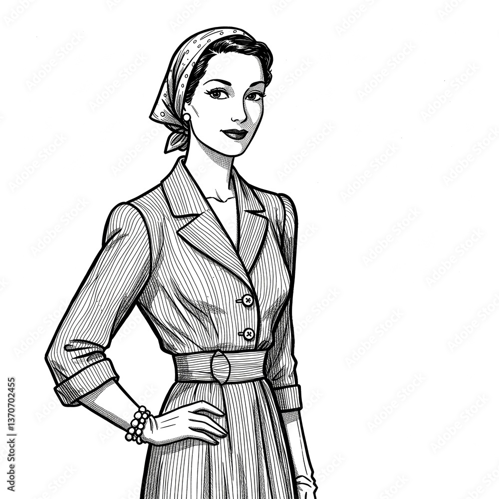 A Retro-Style Black-and-White Illustration of a Sophisticated Sister-in-Law in a s-Inspired Tailored Dress With a Cinched Waist A Retro-Style Black-and-White Illustration of a Sophisticated Sister-in-Law in a s-Inspired Tailored Dress With a Cinched Waist
