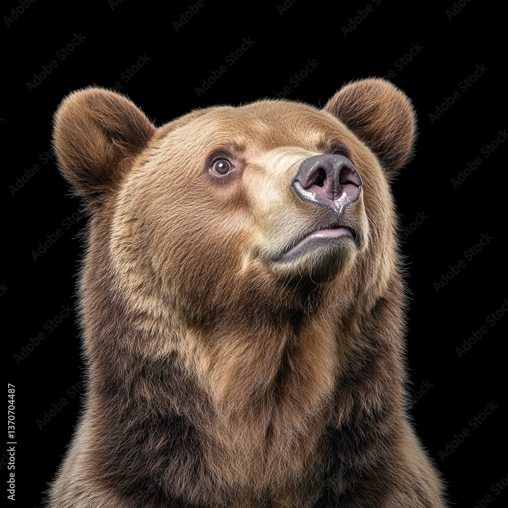 Obraz premium Close up portrait of a brown bear against a black background. The bear's fur is detailed, and its expression is calm and observant.