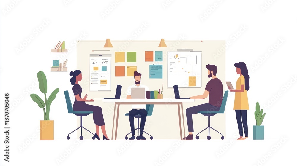 A startup team collaborating on a new project in a creative office A startup team collaborating on a new project in a creative office
