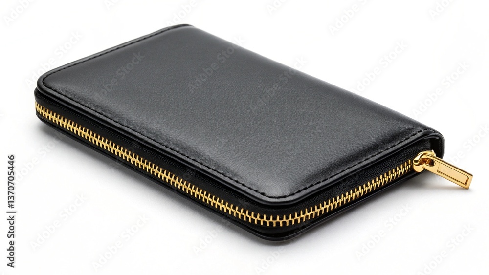 Black leather wallet with gold zipper (white background) Black leather wallet with gold zipper (white background)