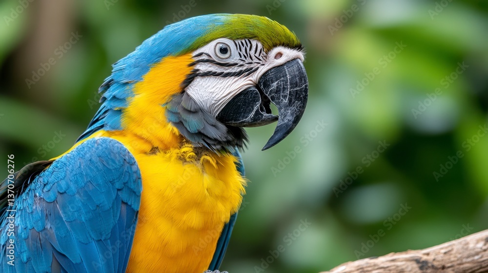 Close up view of a vibrant blue and yellow macaw parrot perched on a branch, set against a softly blurred green background. The bird's plumage is detailed, showing the texture and color variations. Close up view of a vibrant blue and yellow macaw parrot perched on a branch, set against a softly blurred green background. The bird's plumage is detailed, showing the texture and color variations.