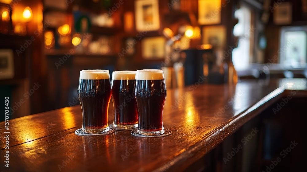 Three pints of dark beer on a wooden bar top, dimly lit pub setting Three pints of dark beer on a wooden bar top, dimly lit pub setting