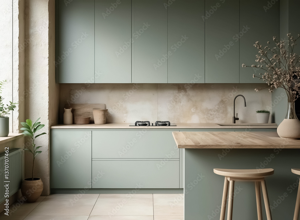 contemporary sage green kitchen with light wood island and calming minimalist