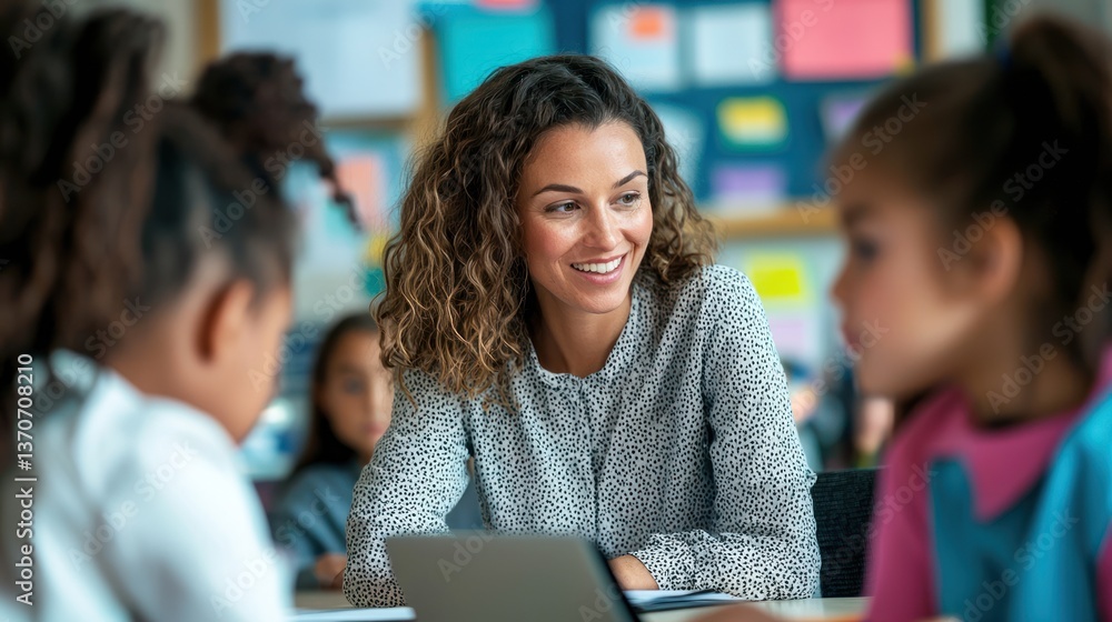 A teacher engaging with students in an interactive classroom setting A teacher engaging with students in an interactive classroom setting