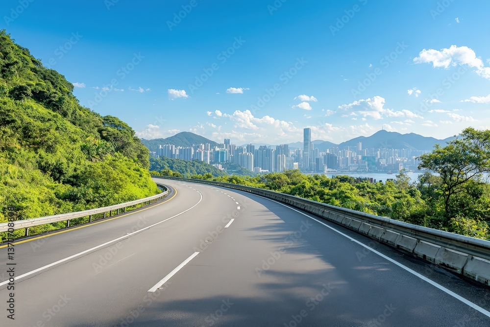 Fototapeta premium Scenic cityscape featuring skyscrapers, a busy expressway, and lush greenery