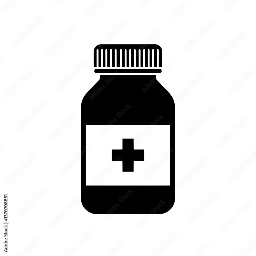 Simple Line Art Icon of a Medicine Bottle with a Cross Simple Line Art Icon of a Medicine Bottle with a Cross