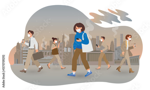 Air pollution concept with PM2.5, people are wearing face mask in urban and industry life. Cartoon illustration in flat style.