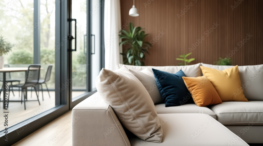 Fototapeta premium modern beige sectional sofa with decorative pillows