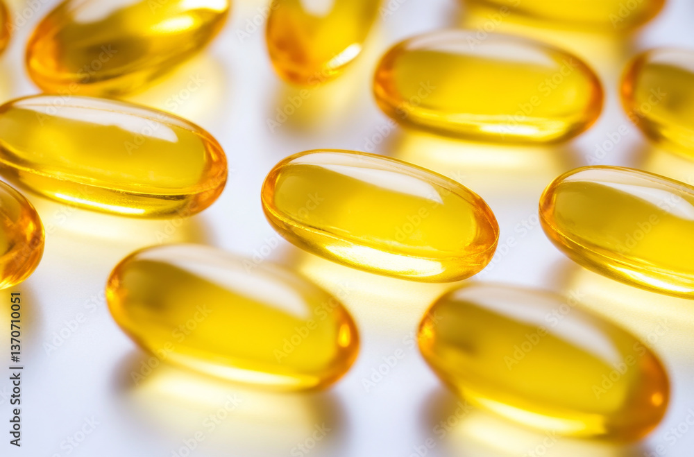 Golden soft gel capsules are scattered on white surface, reflecting light and suggesting health benefits Golden soft gel capsules are scattered on white surface, reflecting light and suggesting health benefits
