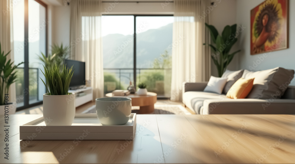 Obraz premium sunlit living room with a pale blue mug and potted plant on a wooden table