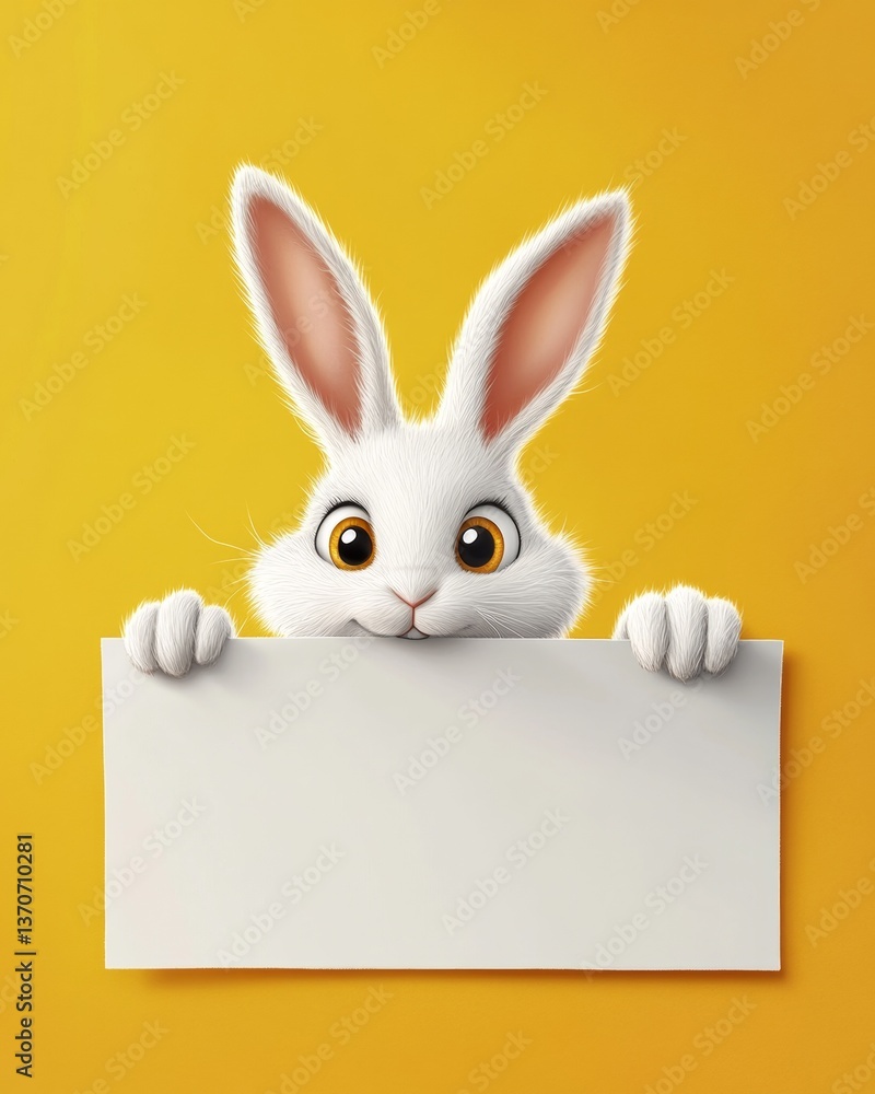 Obraz premium Adorable white rabbit peeking from behind a blank sheet on a cheerful yellow background