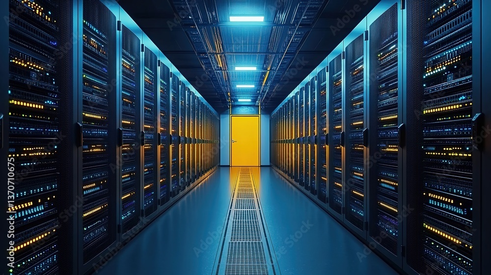 A server room with rows of computer servers, a bright yellow door at the end of the hallway, blue ambient lighting A server room with rows of computer servers, a bright yellow door at the end of the hallway, blue ambient lighting