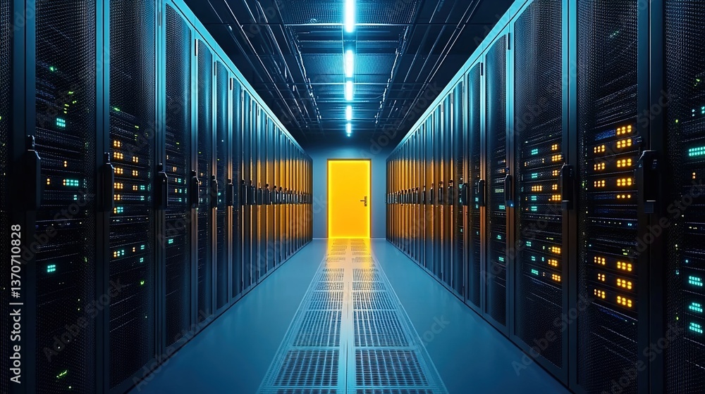 A server room with rows of computer servers, a bright yellow door at the end of the hallway, blue ambient lighting A server room with rows of computer servers, a bright yellow door at the end of the hallway, blue ambient lighting