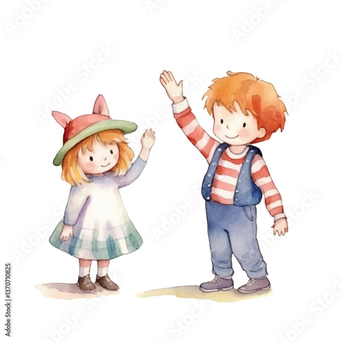 kid high five cute watercolors illustration on white background