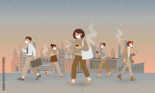 Air pollution concept with PM2.5, people are wearing face mask in urban and industry life. Cartoon illustration in flat style.