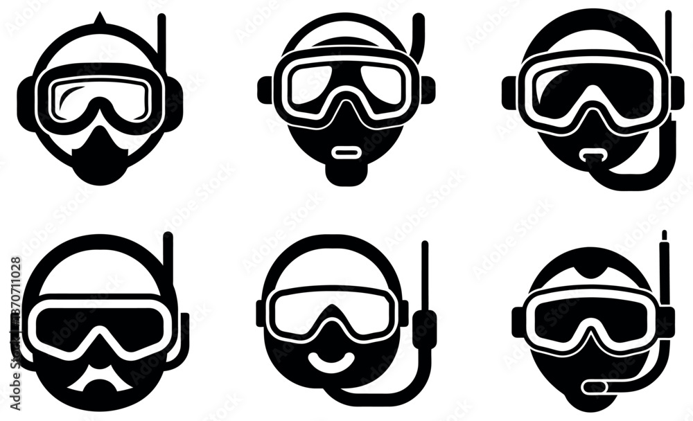 Black and White Icons of Divers Ready for Underwater Adventures