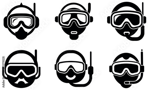 Black and White Icons of Divers Ready for Underwater Adventures