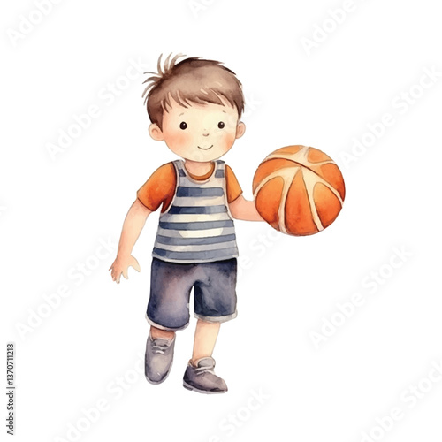 kid playing basketball  cute watercolors illustration on white background