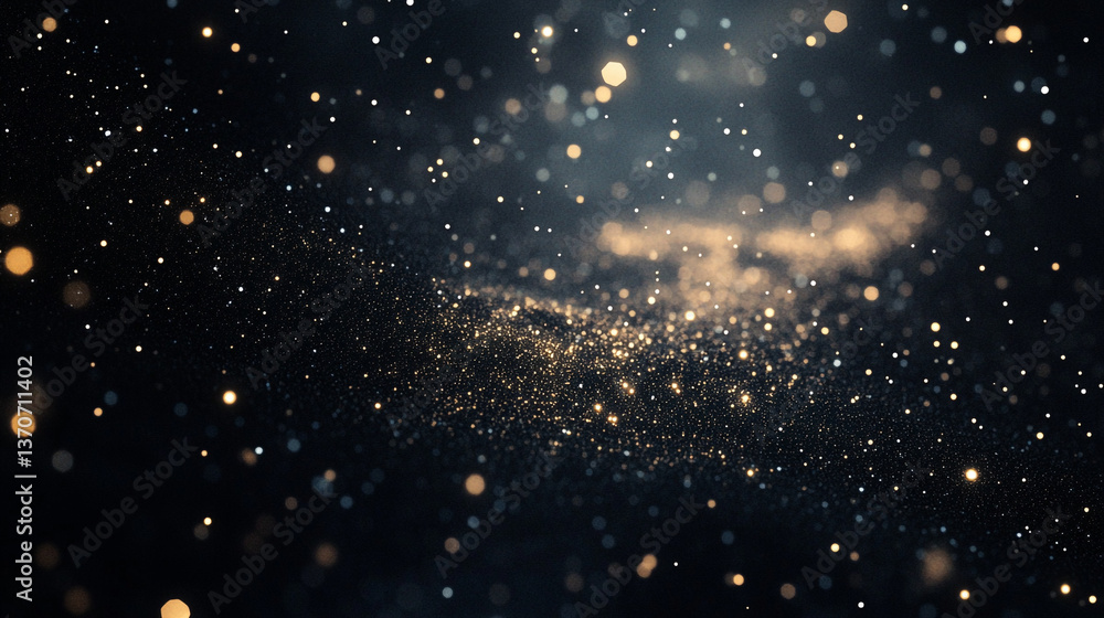 Obraz premium A dark background with numerous small white and gold particles scattered around the composition space