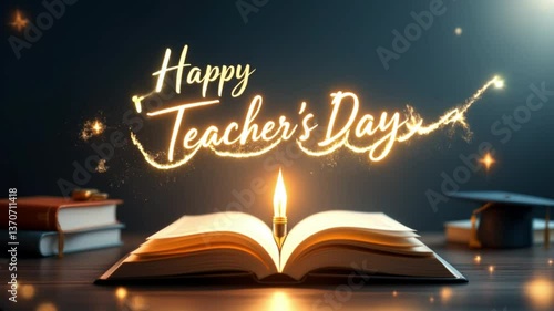 Happy Teacher's Day animation with glowing text, open book and candle light, educational celebration background, magical tribute to teachers, academic holiday video, classroom inspiration loop