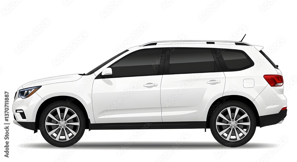 A vector illustration of a modern white car SUV, side view, with black trim and silver alloy wheels. Isolated on white background. Perfect for automotive concepts and transportation themes. A vector illustration of a modern white car SUV, side view, with black trim and silver alloy wheels. Isolated on white background. Perfect for automotive concepts and transportation themes.