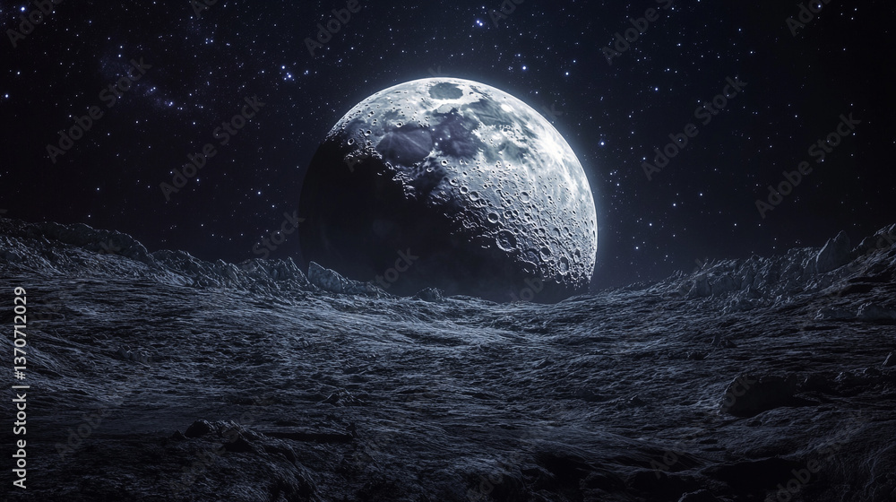 Fototapeta premium A close up of the moon surface with craters under a starry night sky in a dark space scene