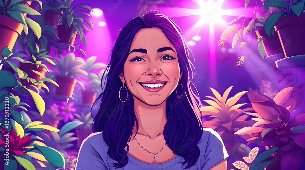 An ethereal illustration showcasing a smiling small business owner in her plant shop, bathed in deep ultraviolet hues and vibrant colors. Bright lens flares create a mystical, spiritual vibe. An ethereal illustration showcasing a smiling small business owner in her plant shop, bathed in deep ultraviolet hues and vibrant colors. Bright lens flares create a mystical, spiritual vibe.