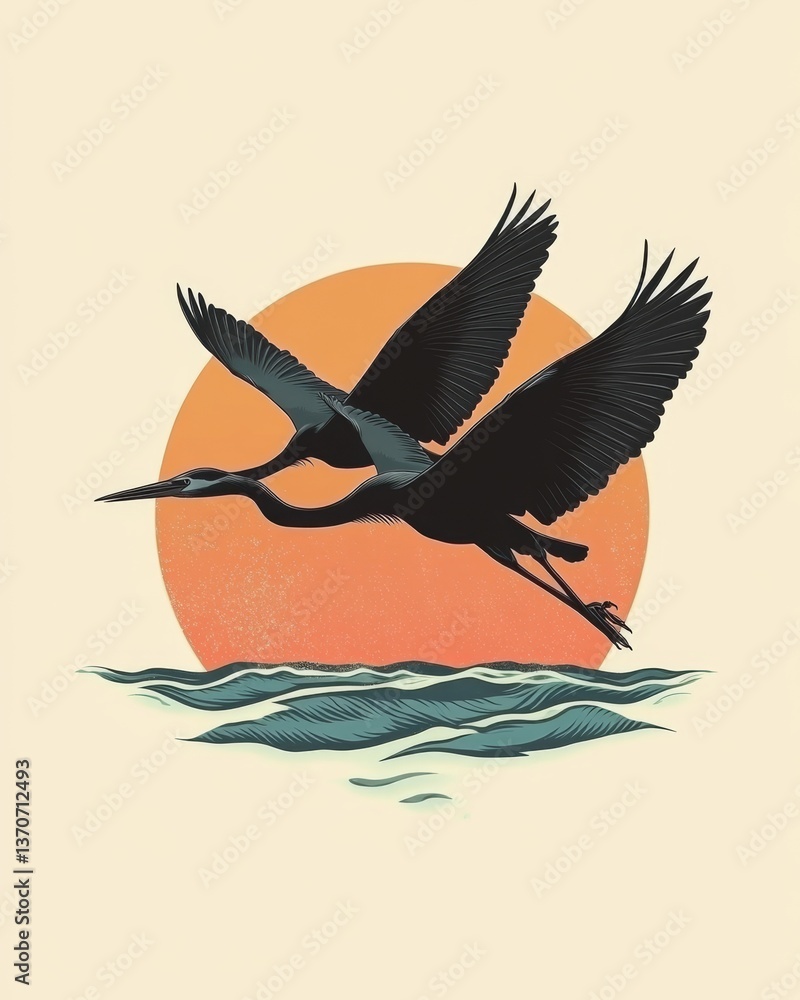 Fototapeta premium The beautiful illustration of two cranes dancing at sunset symbolizes the harmony and love that exists in the natural world, a true marvel of elegance