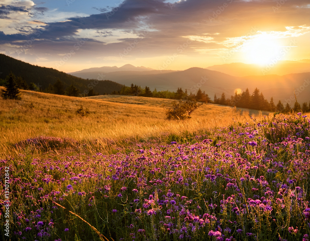 Obraz premium A Slovak meadow blanketed with wildflowers in golden and purple hues under the soft light of the setting sun.
