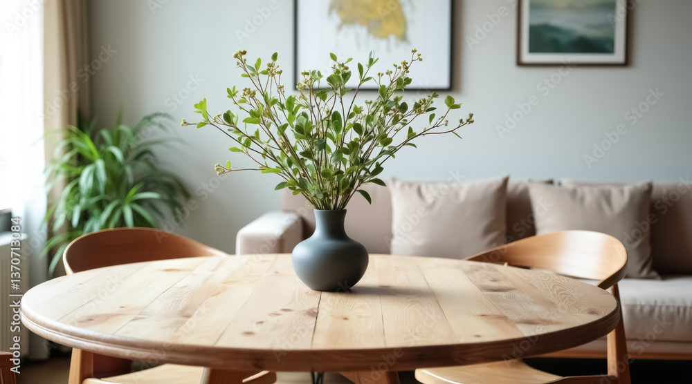 lush green branches in a gray vase on a wooden table
